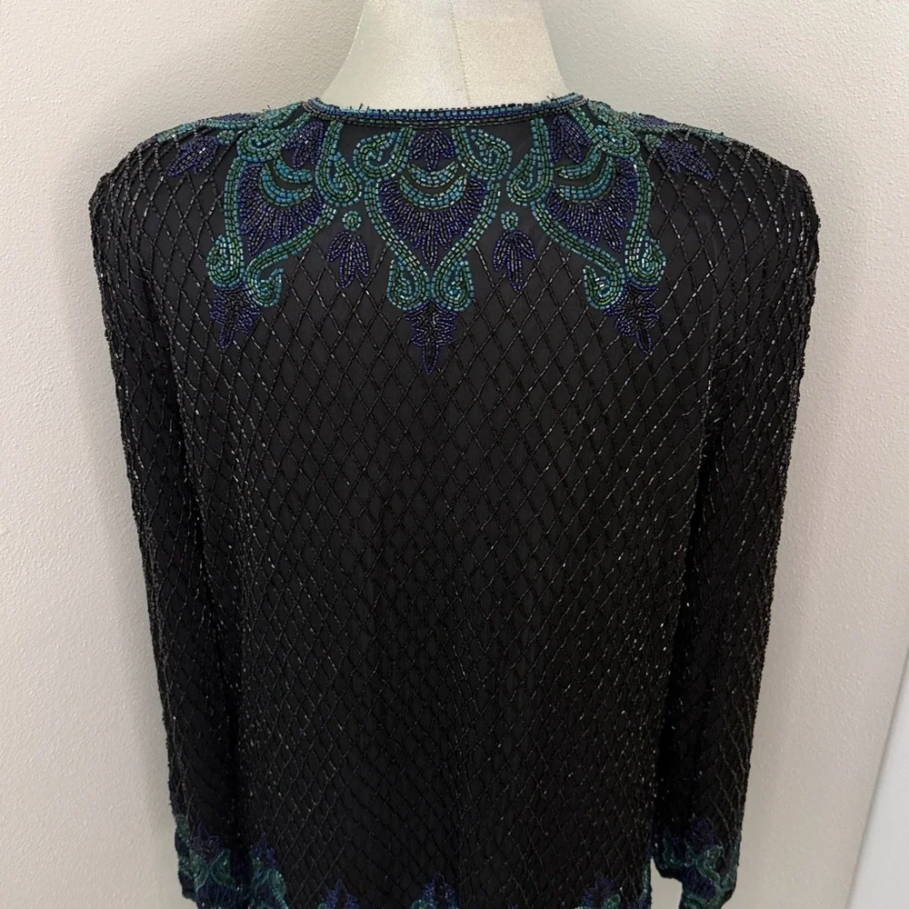 SCALA 100% pure silk beaded top jacket cardigan India medium black blue green